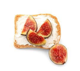 Tasty bruschetta with cream cheese and figs on white background