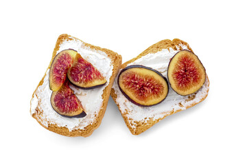 Tasty bruschettas with cream cheese and figs on white background