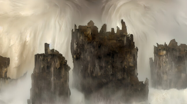 A concept art illustration of Crumbling Farum Azula. A location from Elden ring game. Levitating ruins of castle/fortress and colosseum spinning and flying around a huge tornado. Vortex and whirlwind