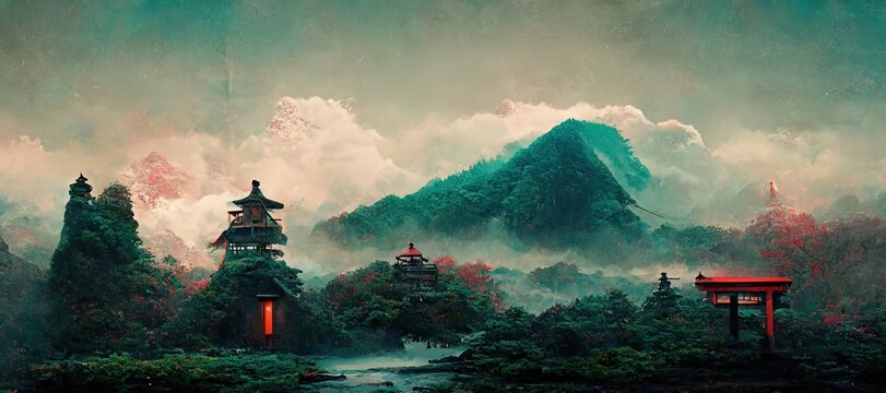 Japanese landscape with temple.	
