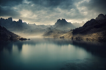 Fototapeta na wymiar Dramatic fantasy landscape lake with mountains overcast sky