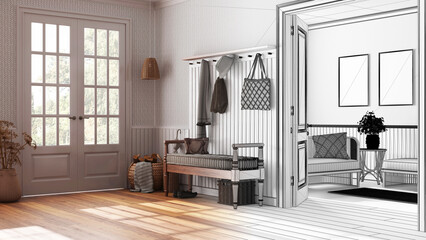 Architect interior designer concept: hand-drawn draft unfinished project that becomes real, scandinavian hallway and living room. Farmhouse style