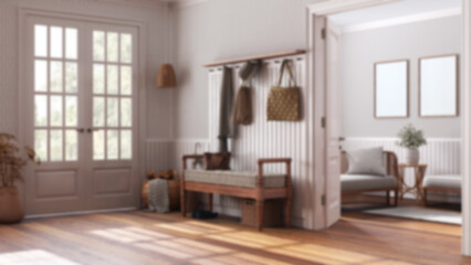 Blurred background, scandinavian hallway and living room. Wooden bench, sofa and coat rack. Glass entrance door, farmhouse interior design