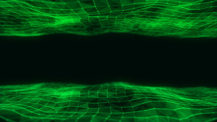 Abstract technology wave of particles. Big data visualization. Dark background with motion dots and lines. Artificial intelligence.