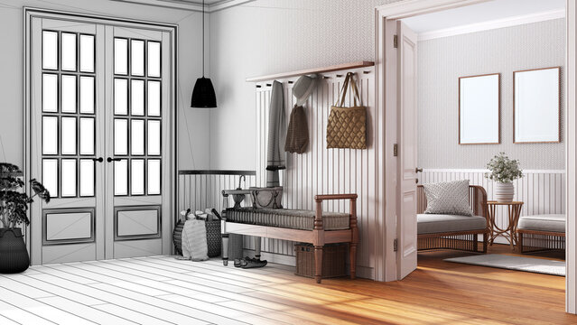 Architect interior designer concept: hand-drawn draft unfinished project that becomes real, scandinavian hallway and living room. Farmhouse style