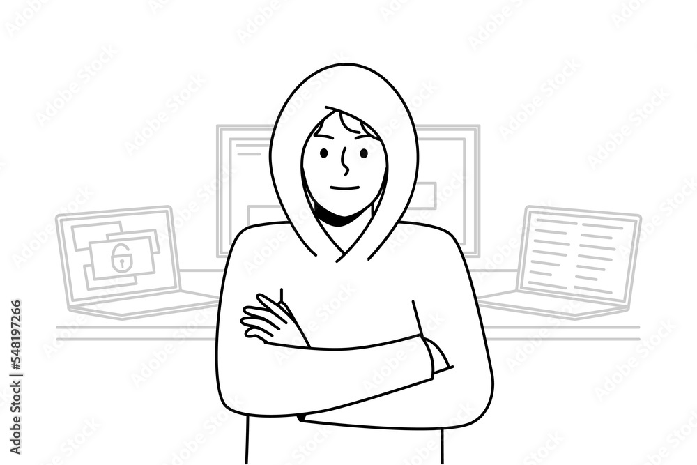 Poster young man in hood standing near computers hacking internal operations system. suspicious male hacker
