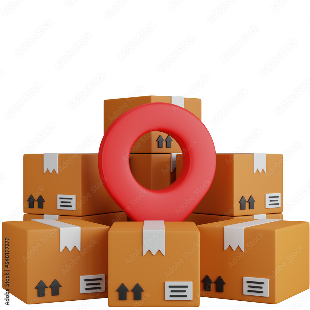 Poster 3d rendering shipping box with pinpoint map isolated