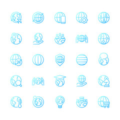 Globe pixel perfect gradient linear vector icons set. World map. Planet friendly. Thin line contour symbol designs bundle. Isolated outline illustrations collection. Montserrat Bold, Light fonts used