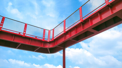 Part of red metal skywalk against white clouds on blue sky background in low angle view - Powered by Adobe