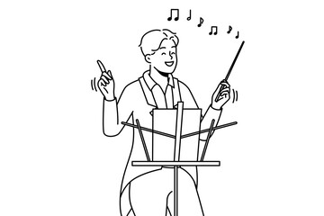 Smiling male conductor in formalwear hold baton working in concert hall. Happy man musician or artist with stick conduct performance. Vector illustration. 