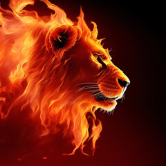 Fire Lion - digital drawing of a fiery lion on a dark red background - 548197897