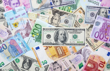  dollar, euro and hryvnia banknotes