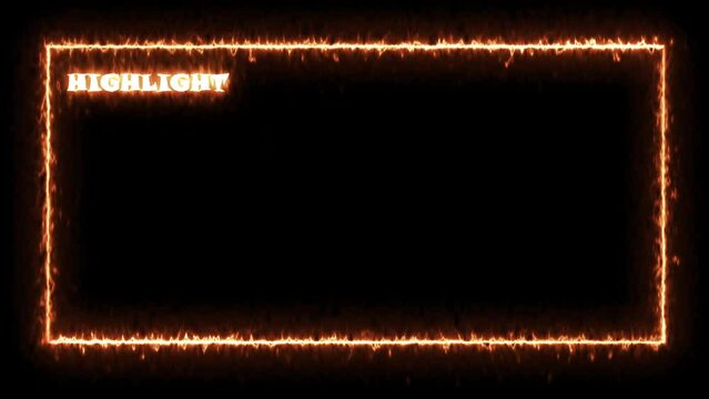 Seamless abstract burning of neon glowing ultraviolet lines has text on top. Looping rectangular animation frame on transparent background with alpha channel. The border design is a fire orange art.