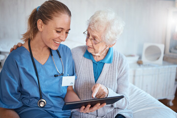 Tablet, nurse or doctor consulting an old woman in a nursing home bedroom with blood pressure and...