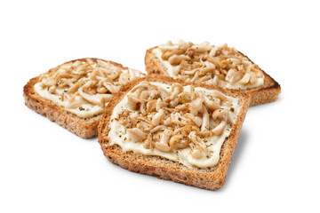 Tasty toasts with cream cheese and mushrooms on white background