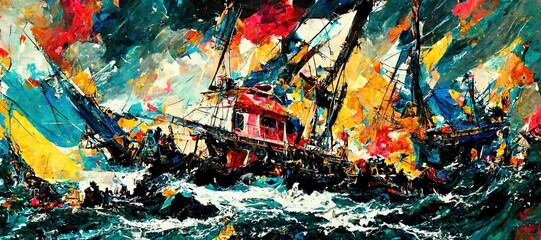 Abstract ship painting, stormy ocean. Night. Fantasy scenery
