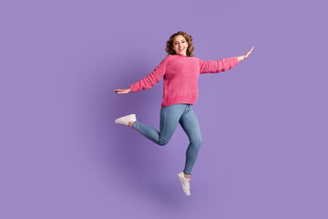 Full length view photo cute active youth have holidays jump isolated pullover denim purple background