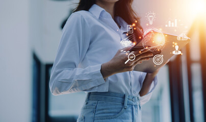 woman Hand holding virtual Global Internet connection metaverse. Business global internet connection application technology and digital marketing, Financial and banking, Digital link tech, big data.