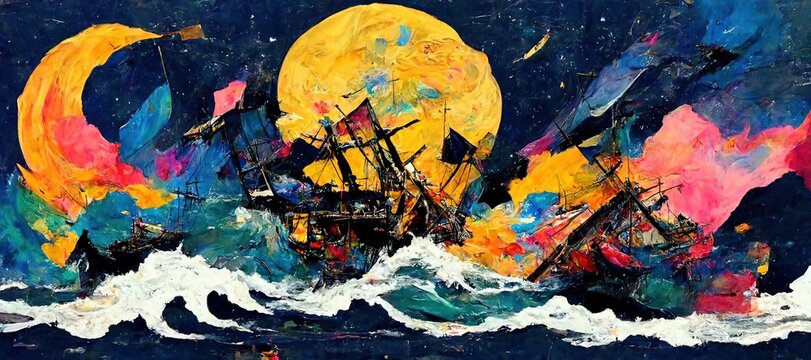 Abstract ship painting, stormy ocean. Night. Fantasy scenery