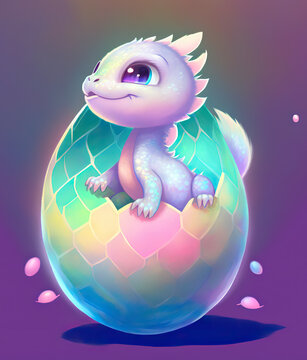 Little baby dragon hatching from the colorful egg