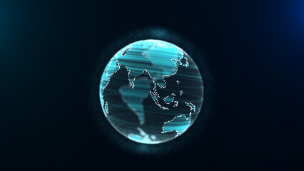 Virtual planet Earth with data connection network. Technological digital globe world background. Abstract sphere with particles and lines. Security artificial intelligence of planet. 3D rendering.