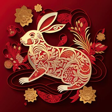 Hare decorated with flowers. Beautiful rabbit bunny. chinese new year lunar zodiac. Easter, Moon festival celebrations.