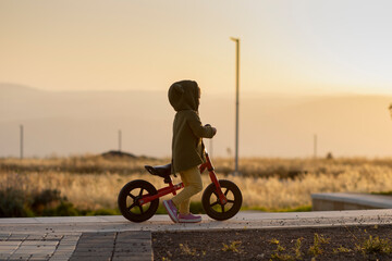 silhouette Toddler girl with a bike. Sunset golden hour 