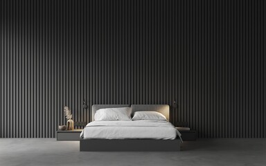 3d render of a minimalistic classic style bedroom, decorative black wooden wall, concrete floor, bedside cabinets and reading lamps, decoration. Mockup frame