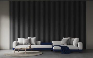 3d rendering of modern living room with grey sofa and coffee table, decorative wall with black embossed panels, carpet on concret floor. Frame mockup	