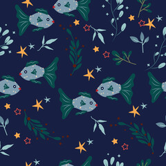 Naklejka na ściany i meble Seamless patterns with Pisces, colorful leaves and stars. Astrological Pisces zodiac. Bright astrological pattern can be used as textile, fabric, wallpaper, banner and other. Vector
