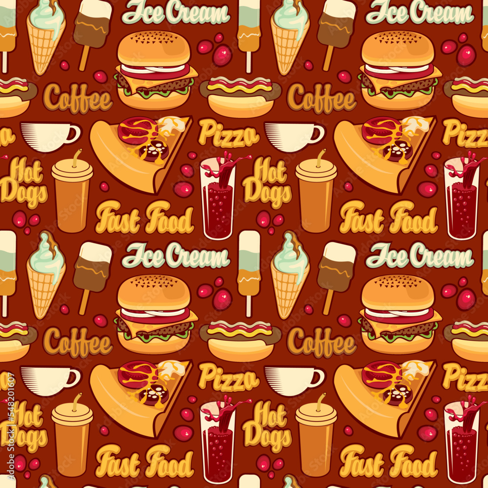 Poster seamless pattern with drawings and inscriptions in retro style. vector cartoon background on the the