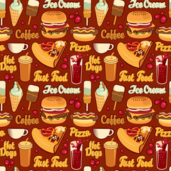 Seamless pattern with drawings and inscriptions in retro style. Vector cartoon background on the theme of fast food with pizza, burger, ice cream, coffee, cola, hot dog.