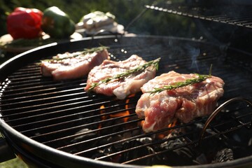 Cooking meat on barbecue grill outdoors, closeup