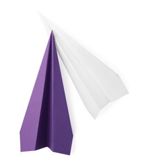 Handmade colorful paper planes isolated on white, top view