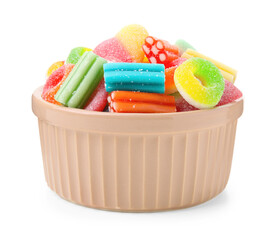 Bowl of tasty colorful jelly candies on white background