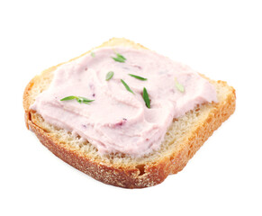Tasty sandwich with cream cheese and thyme isolated on white