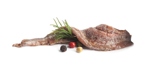 Delicious anchovy fillets, dill and spices on white background