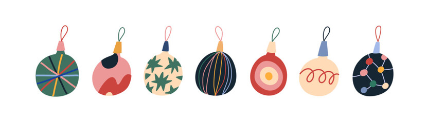 Vector illustration with Christmas toys. Collection of christmas balls with different ornaments. Festive image dedicated to Christmas and New Year celebration. Decoration. - 548202443