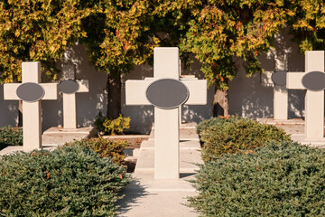 Many granite tombstones at cemetery. Religious tradition