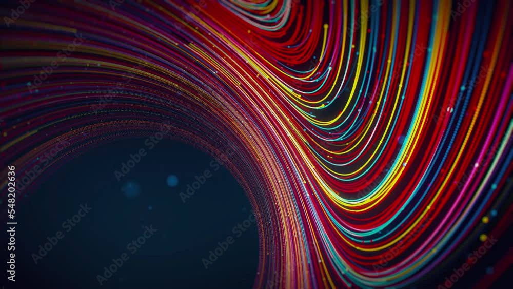 Poster abstract futuristic art red blue yellow shine flowing swirl curved hairy dotted lines particles with