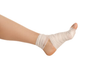 Woman with foot wrapped in medical bandage on white background, closeup