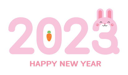 2023 New Year typography design with cute smiling rabbit character concept in pink color. The year 2023 is called 'Year of the Rabbit' in Korea.