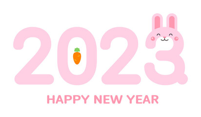 2023 New Year typography design with cute smiling rabbit character concept in pink color. The year 2023 is called 'Year of the Rabbit' in Korea.