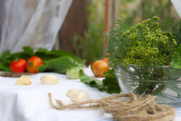Fresh green herbs with twine on table indoors. Space for text