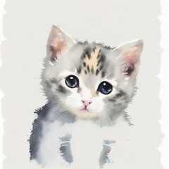 Portrait of little short-hair kitten, watercolor illustration