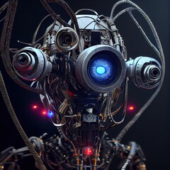 Fototapeta premium Robotic observer made with metals, cables and wires, in style of cyberpunk. Gorgeous illustration generated by Ai.
