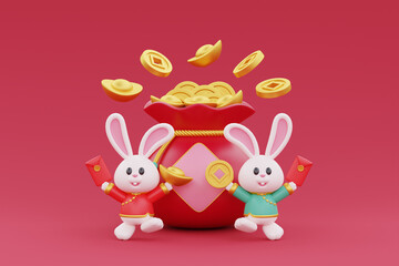 Obraz na płótnie Canvas Chinese new year banner, Red fortune bag full of gold and money with cute rabbit holding gold, coin and red envelope, Chinese Festivals, Lunar, CYN 2023, Year of the Rabbit, 3d rendering.