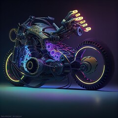 Futuristic motorcycle made with metals, cables and wire in style of cyberpunk, generated by Ai