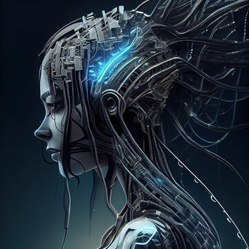 Stunning portrait of cybernetic woman made with metals, cables and wires, in style of cyberpunk. Gorgeous illustration generated by Ai.