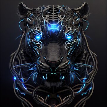 Robotic panther made with metals, cables and wires, in style of cyberpunk. Stunning illustration generated by Ai.